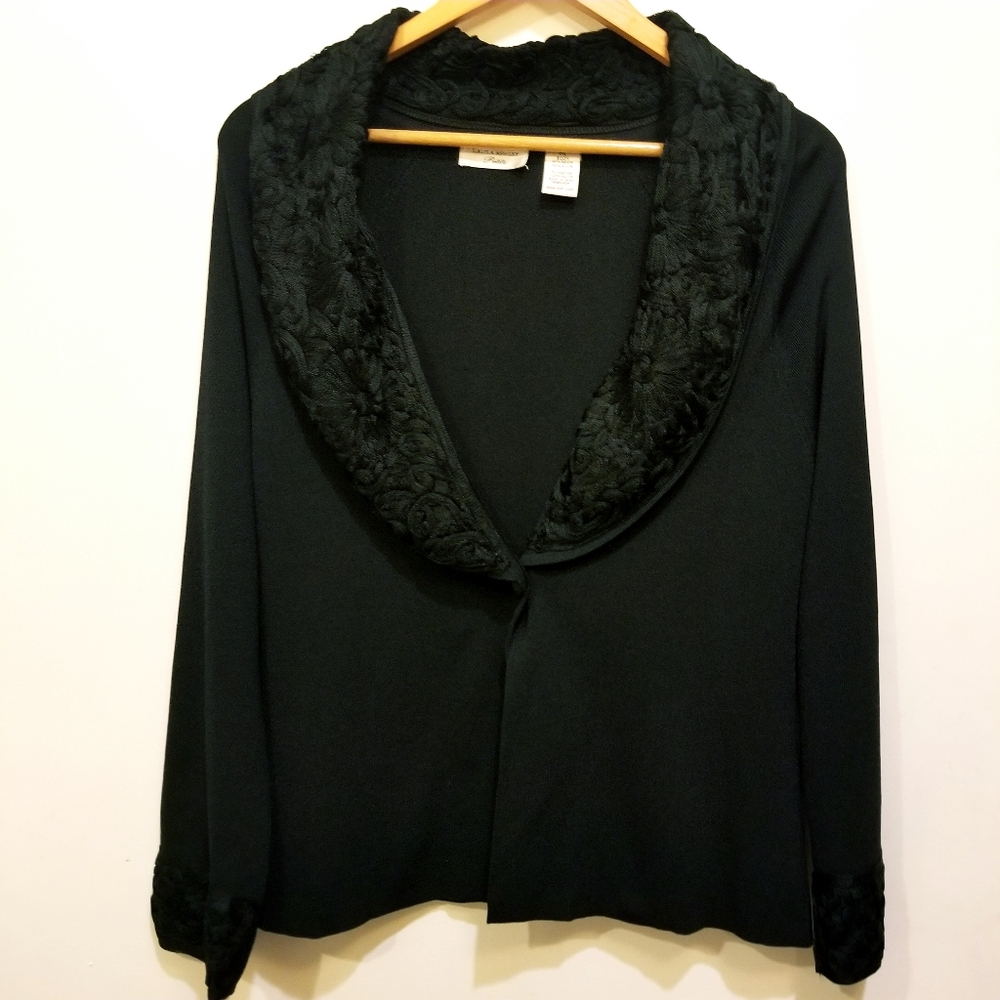 Laura Ashley Black Embroidered Shawl Collar Knit Cardigan Sweater PL Whimsigoth